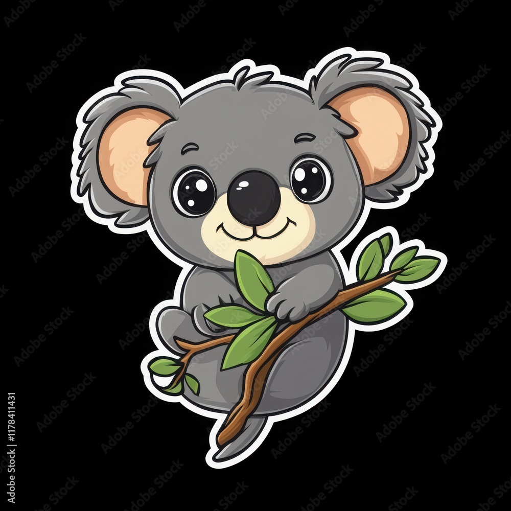 Charming Koala Holding Leaf on Branch with Cute Expressions Charming Koala Holding Leaf on Branch with Cute Expressions