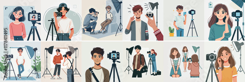 Vector set of a teenager doing a photo session with a simple flat design style