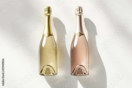 Two champagne bottles, studio shot, sunlight, white background, beverage advertisement