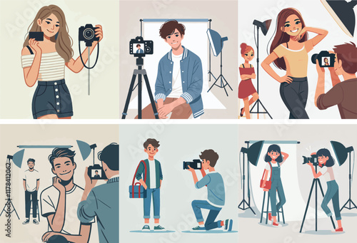 Vector set of a teenager doing a photo session with a simple flat design style