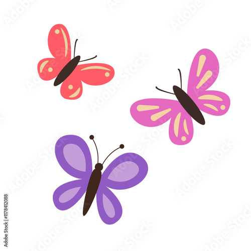 Three colorful butterflies in pink, red, and purple hues with a simple design, illustrated on a plain white background, symbolizing nature