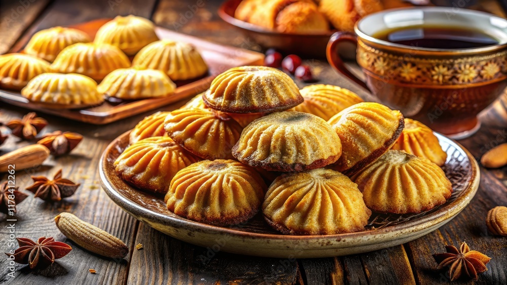 Aerial View of Traditional Arabic Maamoul Cookies, Dates, Coffee Aerial View of Traditional Arabic Maamoul Cookies, Dates, Coffee