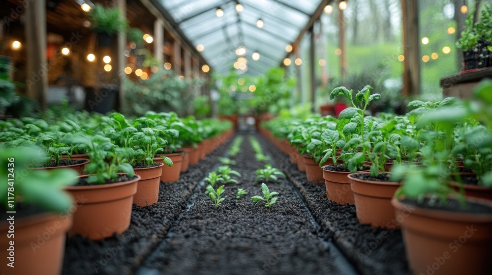 A greenhouse filled with potted plants, showcasing growth and cultivation. A greenhouse filled with potted plants, showcasing growth and cultivation.