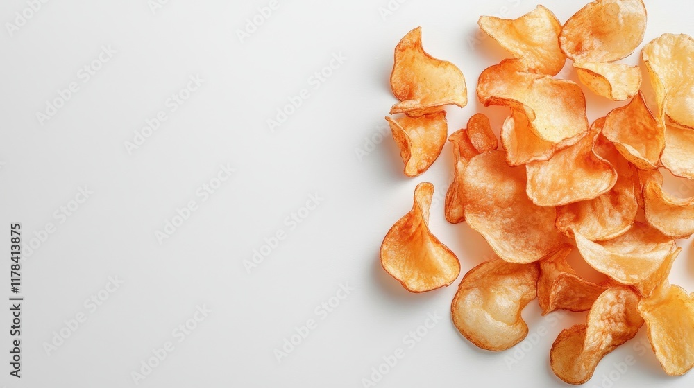 Fototapeta premium Crispy potato chips scattered on white. Perfect for food blogs, packaging, or snack ads.