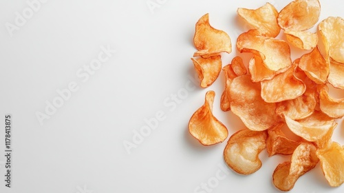 Crispy potato chips scattered on white. Perfect for food blogs, packaging, or snack ads.