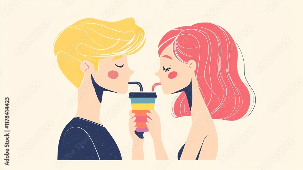 A couple enjoying a drink together, conveying love and connection in a playful illustration style. A couple enjoying a drink together, conveying love and connection in a playful illustration style.