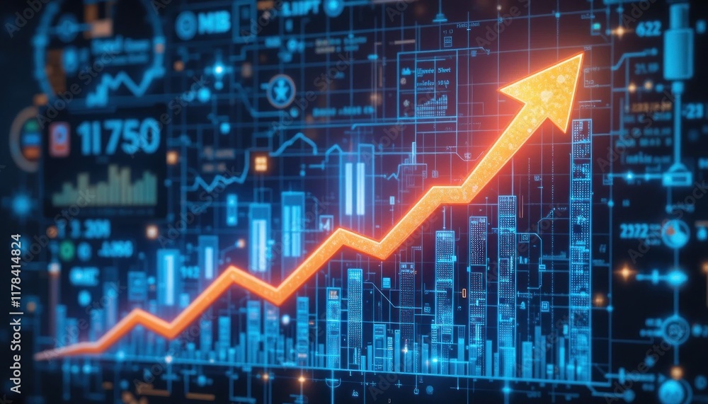 Finance business graph chart with uparrow. Hi-tech style business concept technology chart with grid. Business Information digital display. Financial figures, graphs and diagrams growing Finance business graph chart with uparrow. Hi-tech style business concept technology chart with grid. Business Information digital display. Financial figures, graphs and diagrams growing