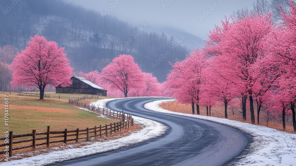 Beautiful cherry blossom trees line winding road, creating serene landscape. vibrant pink blooms contrast with snowy ground, evoking sense of tranquility and renewal Beautiful cherry blossom trees line winding road, creating serene landscape. vibrant pink blooms contrast with snowy ground, evoking sense of tranquility and renewal