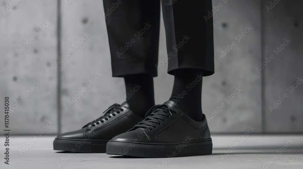 Elegant black shoes in minimalist environment, showcasing modern style and sophistication. sleek design complements contemporary setting perfectly Elegant black shoes in minimalist environment, showcasing modern style and sophistication. sleek design complements contemporary setting perfectly