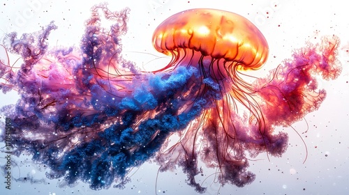 Vibrant jellyfish with flowing tentacles in underwater scene. photo