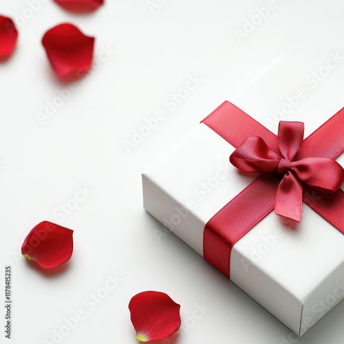 Gift box with a red bow on a clean white background, surrounded by rose petals, simple and elegant, symbolizing love and joy. photo