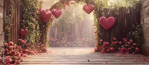 Romantic pathway lined with heart-shaped decorations creating a dreamy setting. photo