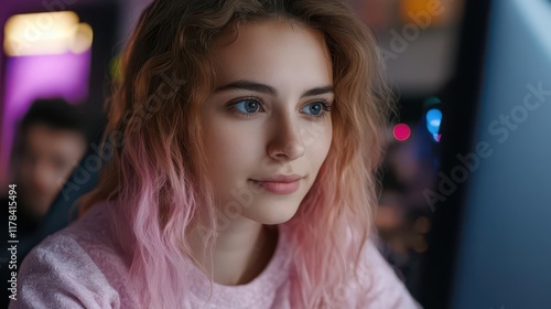 A woman finds inspiration in a cyberpunk-themed workspace with holographic interfaces, neon lighting, vibrant colors, and intricate textures while journaling motivational quotes. photo