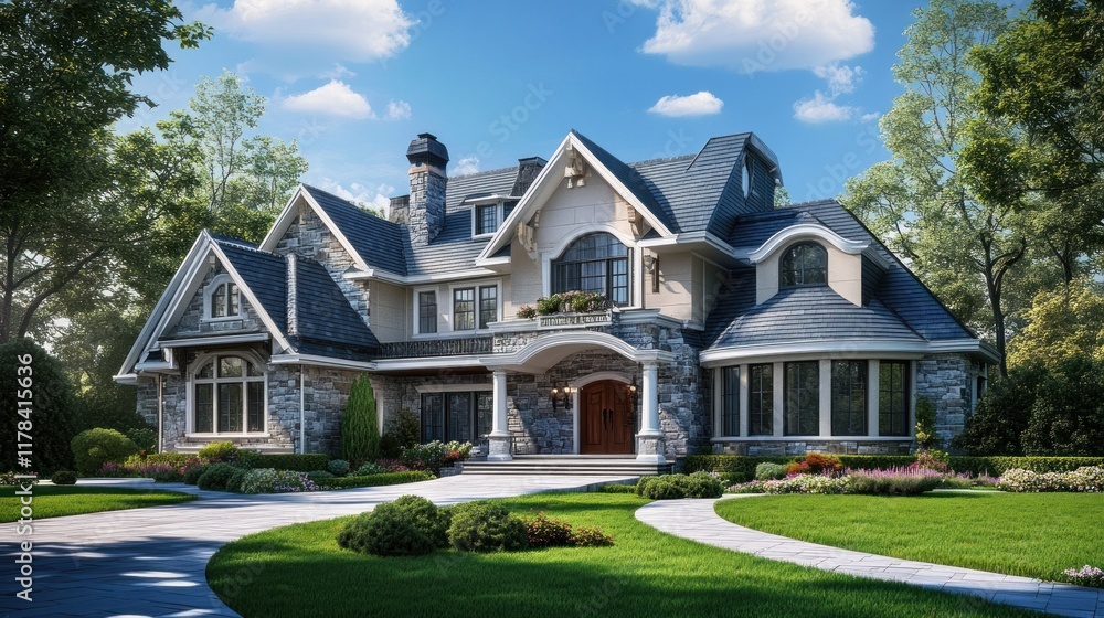 A large, elegant house with a landscaped yard and blue sky. A large, elegant house with a landscaped yard and blue sky.