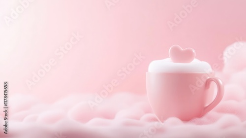 A minimalist design of heart-shaped coffee foam in a ceramic cup with a futuristic AI-generated background, soft pastel tones, and excellent resolution.