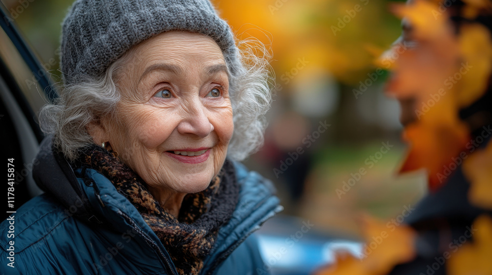 Smiling elderly woman wearing hat, enjoying autumn leaves and nature. Her joyful expression reflects warmth and happiness in vibrant outdoor setting Smiling elderly woman wearing hat, enjoying autumn leaves and nature. Her joyful expression reflects warmth and happiness in vibrant outdoor setting