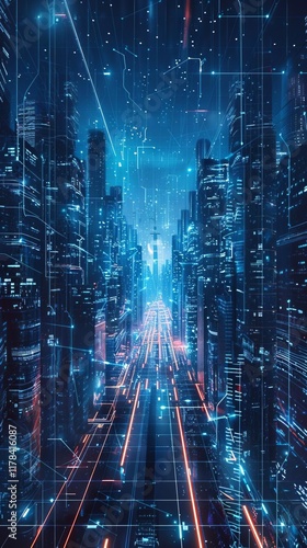 Wallpaper Mural 156 Futuristic virtual hologram projection of data cityscape interface 3D Torontodigital.ca