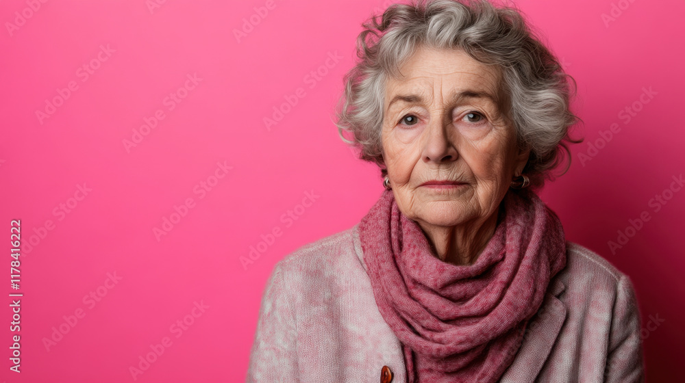 Elderly woman with look of nostalgia, wearing pink scarf against vibrant pink background. Her expression reflects deep thoughts and memories Elderly woman with look of nostalgia, wearing pink scarf against vibrant pink background. Her expression reflects deep thoughts and memories