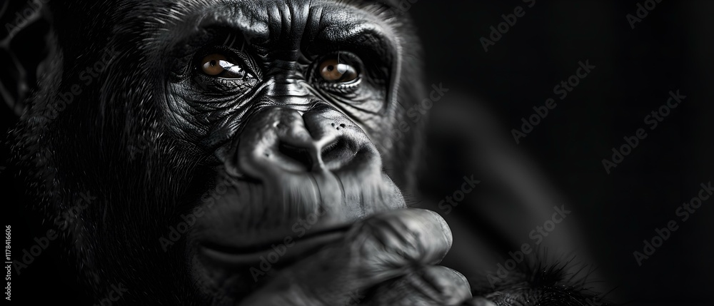 Intense Close-Up Portrait of a Thoughtful Gorilla in Monochrome Lighting Intense Close-Up Portrait of a Thoughtful Gorilla in Monochrome Lighting
