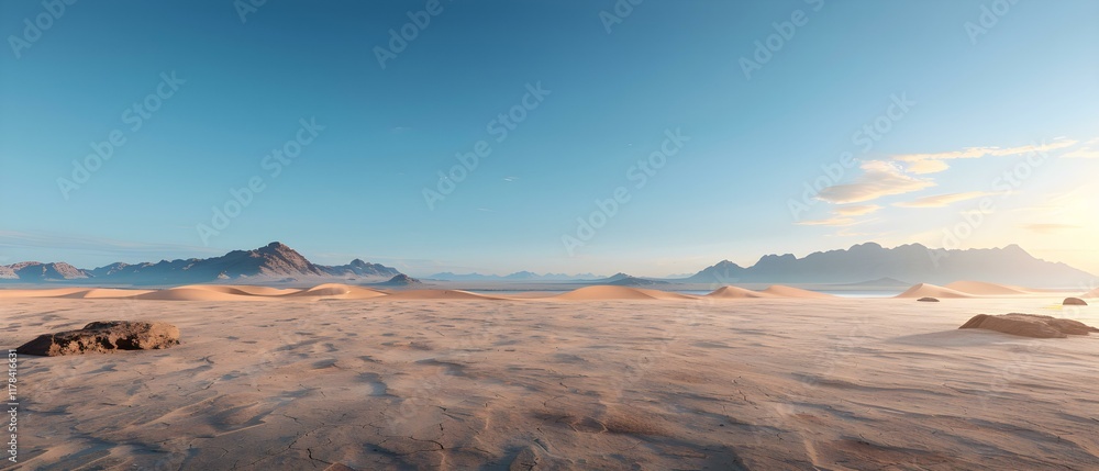 Naklejka premium Breathtaking Panoramic View of Serene Desert Landscape under Blue Sky with Soft Clouds and Majestic Mountains in the Distance