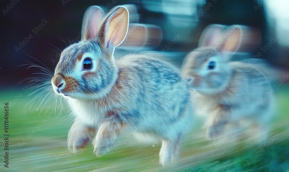 Fototapeta premium Rabbits running fast, green grass, blurred background, nature