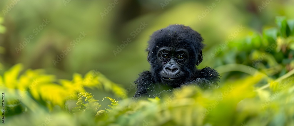 Young Gorilla Curiously Observing Its Surroundings Among Lush Green Foliage in a Natural Habitat Young Gorilla Curiously Observing Its Surroundings Among Lush Green Foliage in a Natural Habitat