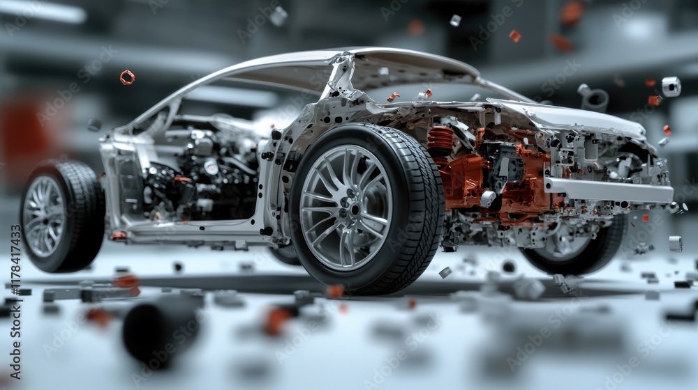 Fototapeta premium Car X-ray: disassembled car parts, transparent body, automotive engineering, suspension design, technological elements, interior design, innovative solutions, car mechanics, high technology.
