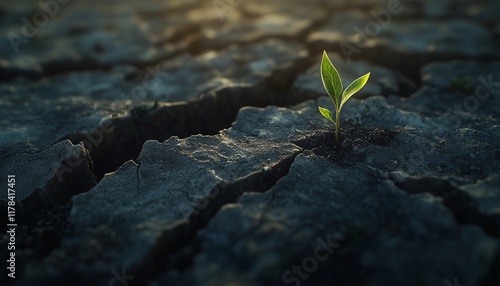 Cracked mud soil dry surface land with sprout tree