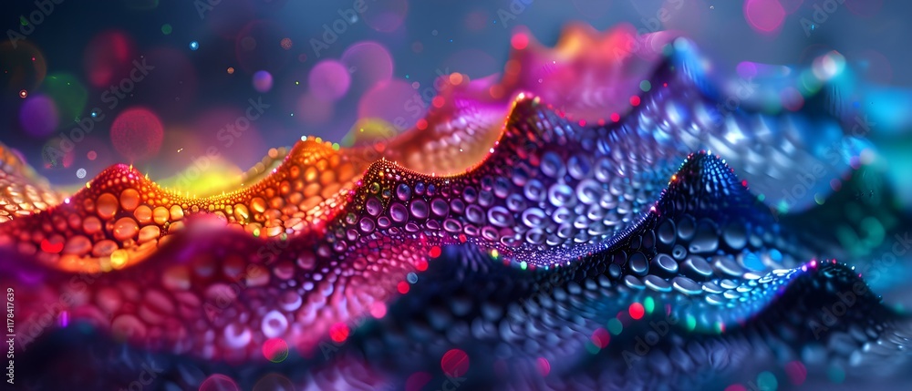 Colorful Water Droplets on a Curved Surface with Glowing Lights Creating an Abstract Background Colorful Water Droplets on a Curved Surface with Glowing Lights Creating an Abstract Background