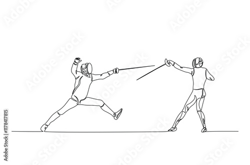 Fencer sport continuous one line drawing. Fencing Player duel single line art illustration. Editable vector.