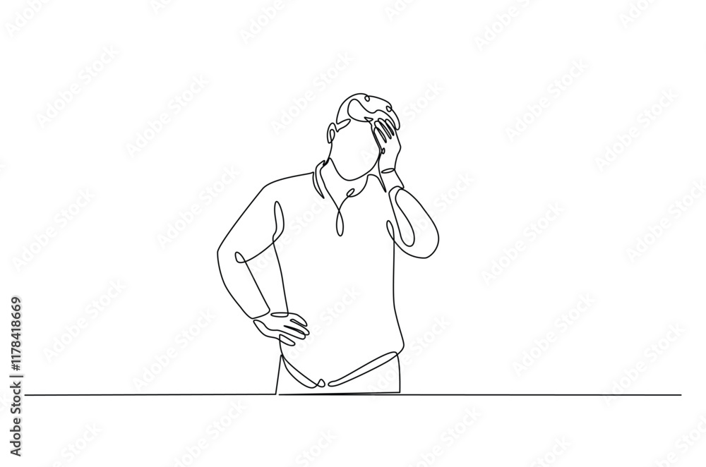 Man hold his head continuous one line drawing. Single line art illustration of man in depression, stressed, headache and despair. Editable vector. Man hold his head continuous one line drawing. Single line art illustration of man in depression, stressed, headache and despair. Editable vector.