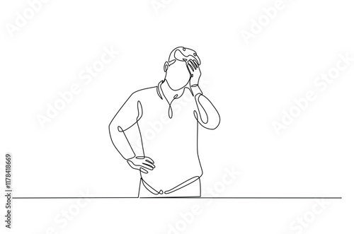 Man hold his head continuous one line drawing. Single line art illustration of man in depression, stressed, headache and despair. Editable vector.