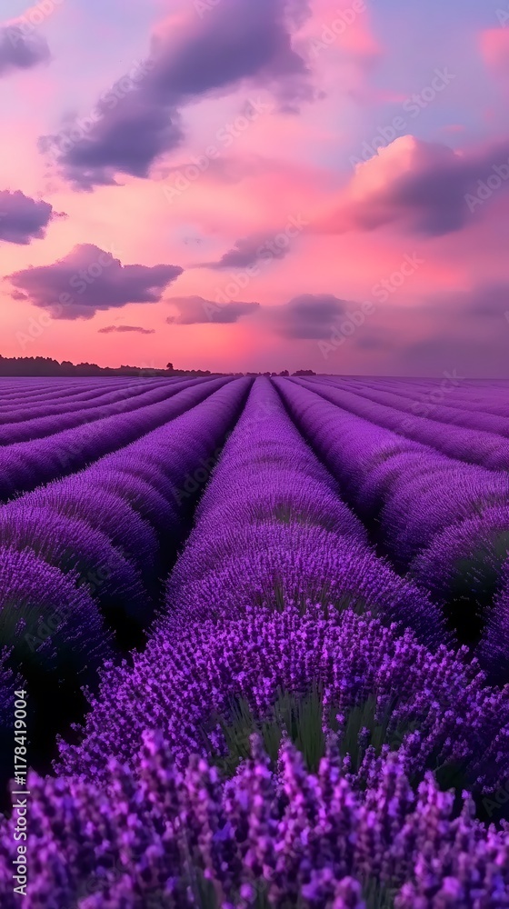 Naklejka premium A serene lavender field under the twilight sky, with rows of purple flowers stretching to the horizon. captures the tranquility and beauty of nature