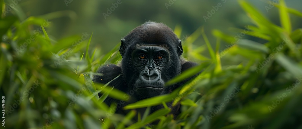 Majestic Gorilla Peering Through Lush Green Bamboo in a Natural Habitat, Capturing Intense Gazing with Rich Detail Majestic Gorilla Peering Through Lush Green Bamboo in a Natural Habitat, Capturing Intense Gazing with Rich Detail