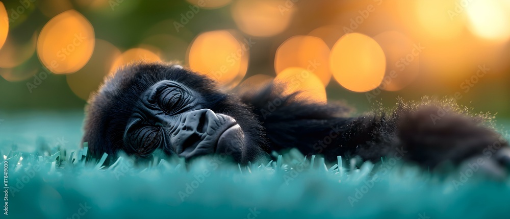 Obraz premium Adorable Young Gorilla with Peaceful Expression Napping on Green Grass Amidst a Beautiful Bokeh Background