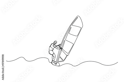 windsurfing sport continuous one line drawing. Single line art illustration of windsurfing athlete ride surfboard. Editable vector.