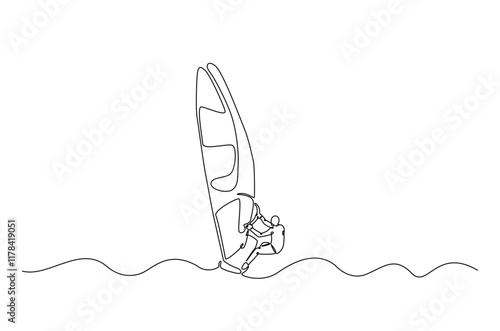 windsurfing sport continuous one line drawing. Single line art illustration of windsurfing athlete ride surfboard. Editable vector.