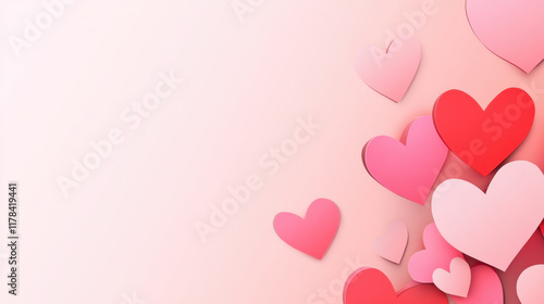 Plenty of paper cutout hearts in shades of pink create romantic atmosphere. Perfect for celebrations, crafts, or decorations, these hearts evoke love and joy