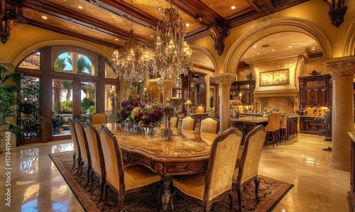 Luxurious dining room, mansion,  grand kitchen view
