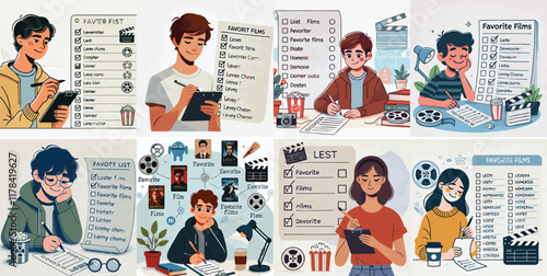 Vector set of a teenager making a list of favorite movies in a simple flat design style