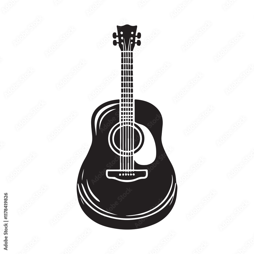 Obraz premium Acoustic Guitar Silhouette Vector Illustration, Solid White Background.