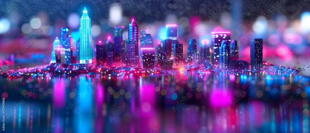 Obraz premium Vibrant City Skyline at Night with Colorful Lights Reflecting on Water Surface in Urban Setting