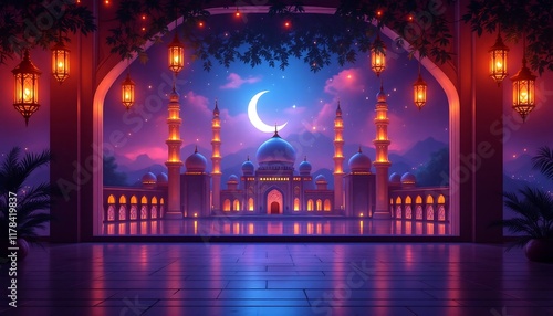 Magical Ramadan Night: Mosque Under Crescent Moon (Generative AI) photo