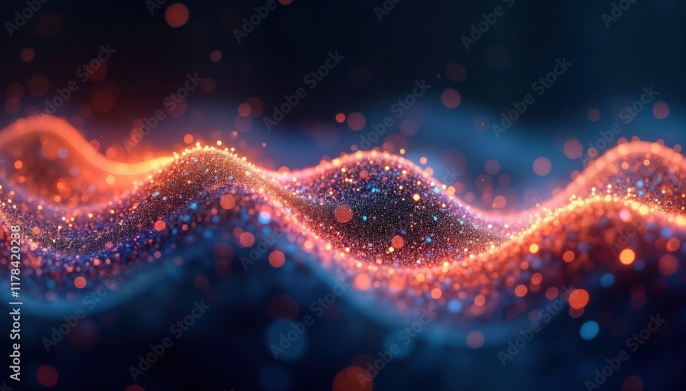 Abstract illustration shows dynamic wave of bright particles. Glowing effect. Colorful energy flow. Modern design. Vibrant colors. Futuristic pattern. Abstract background. Particle wave. Energy, Abstract illustration shows dynamic wave of bright particles. Glowing effect. Colorful energy flow. Modern design. Vibrant colors. Futuristic pattern. Abstract background. Particle wave. Energy,