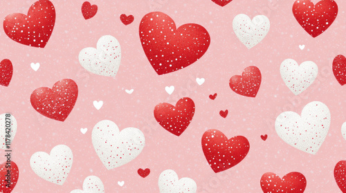 Seamless pattern featuring red and white hearts on pink background, perfect for Valentine Day celebrations. This design evokes love and joy