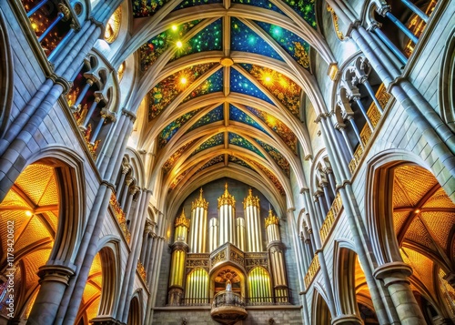 Almudena Cathedral Pipe Organ & Nave Vault - Night Photography AI Art photo