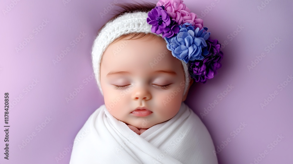 Adorable baby girl peacefully sleeping, wrapped in a white blanket, wearing a crocheted headband with colorful flowers. Adorable baby girl peacefully sleeping, wrapped in a white blanket, wearing a crocheted headband with colorful flowers.