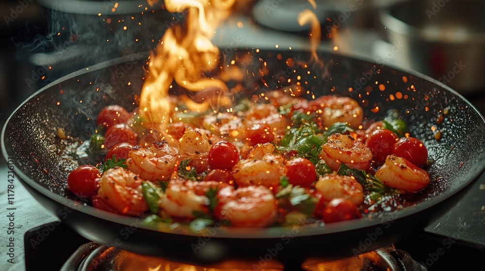 A sizzling pan of shrimp and vegetables ignites with flames in a vibrant kitchen setting. A sizzling pan of shrimp and vegetables ignites with flames in a vibrant kitchen setting.