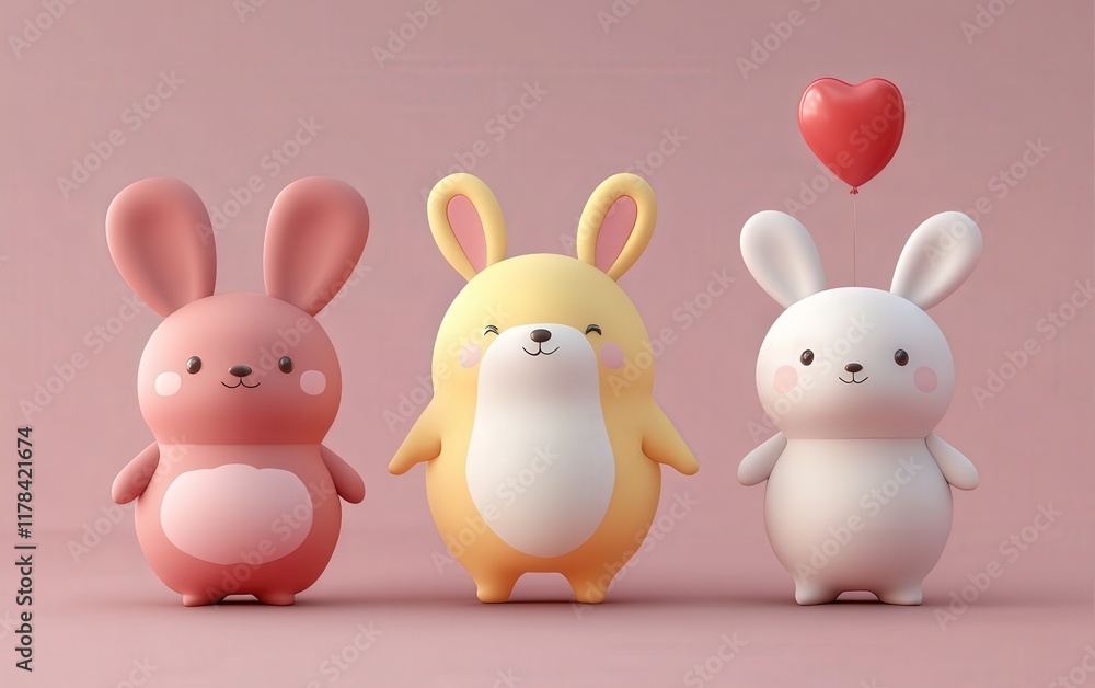 Three vibrant plastic rabbits stand side by side, their colors radiating joy and playfulness, perfect for celebrating love on Valentine's Day. Three vibrant plastic rabbits stand side by side, their colors radiating joy and playfulness, perfect for celebrating love on Valentine's Day.