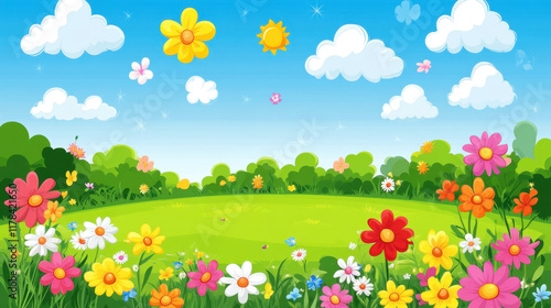 Bright and colorful spring landscape with flowers, sun, and clouds, creating cheerful atmosphere. Perfect for nature themed projects and illustrations